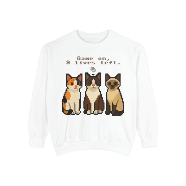 Pixel Art Cat Sweatshirt - 'Game On, 9 Lives Left'