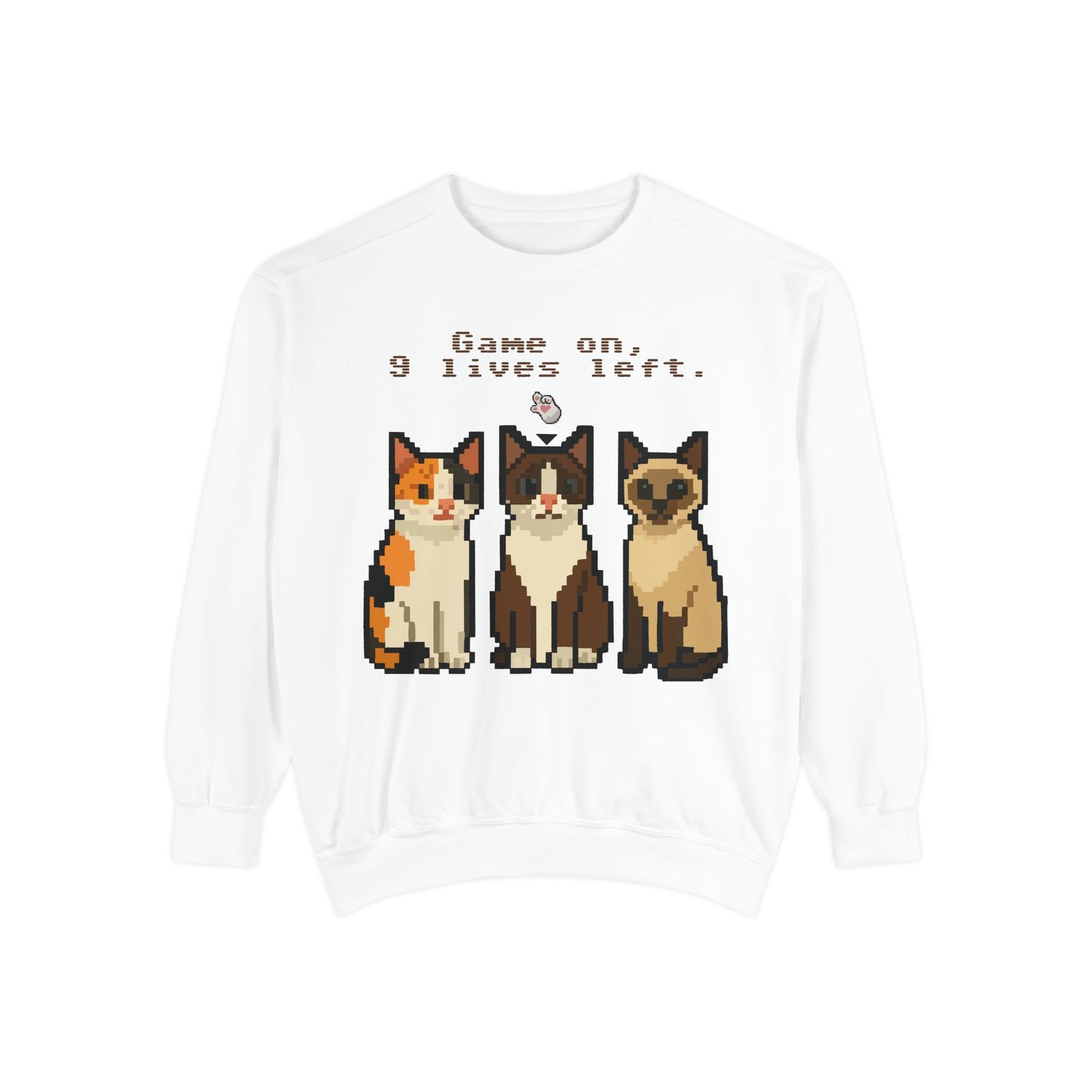 Pixel Art Cat Sweatshirt – ‘Game On, 9 Lives Left’