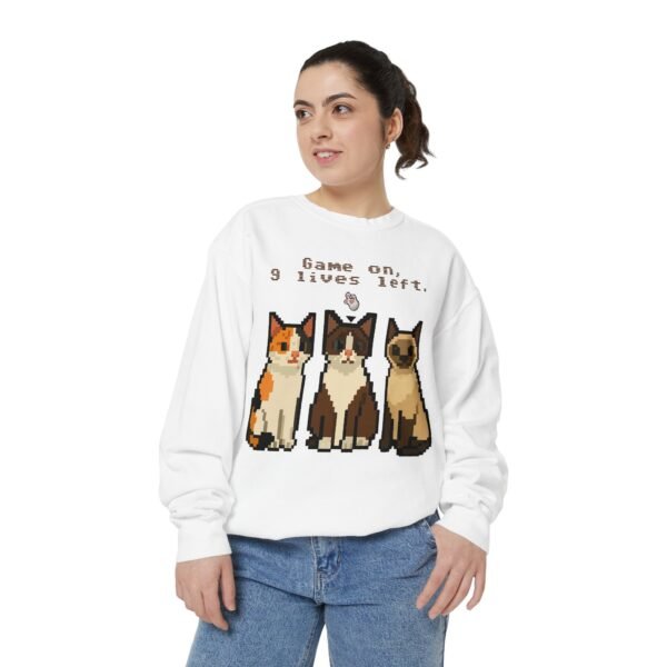 Pixel Art Cat Sweatshirt - 'Game On, 9 Lives Left' - Image 4