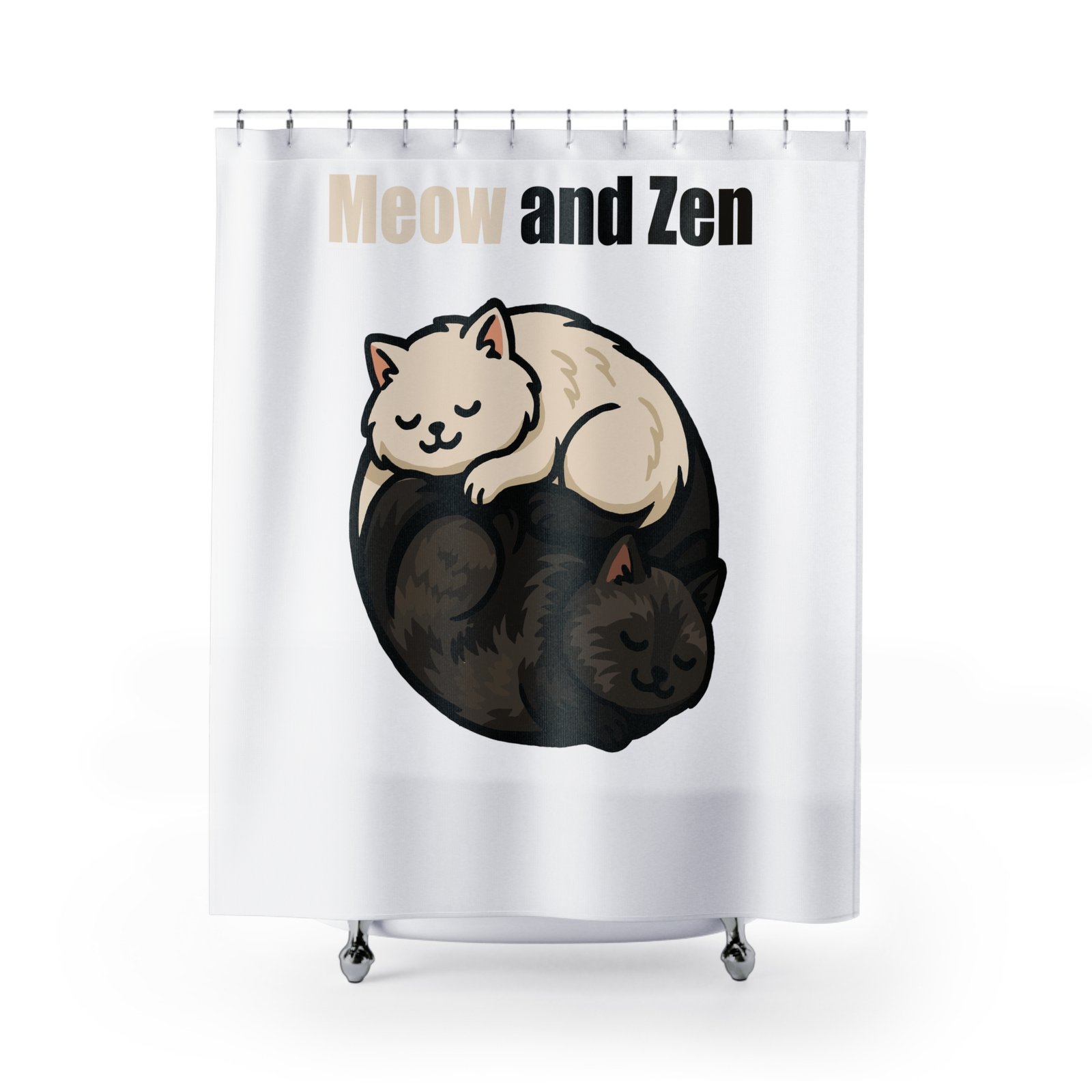 Cat-Themed Shower Curtain – Meow and Zen, Relaxing Bathroom Decor, Cat Lover Gift, Home Artwork, Cozy Atmosphere