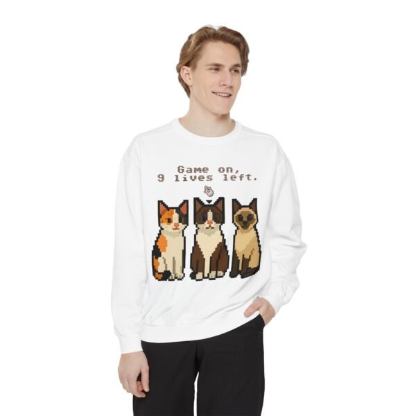Pixel Art Cat Sweatshirt - 'Game On, 9 Lives Left' - Image 3